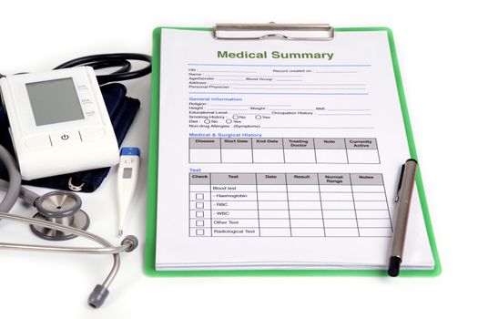 Medical summary document and some basic medical instrument.