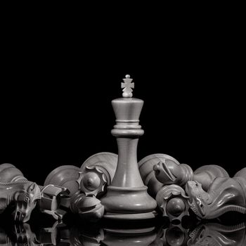 Black and White King and Knight of chess setup on dark background . Leader and teamwork concept for success. Chess concept save the king and save the strategy.
