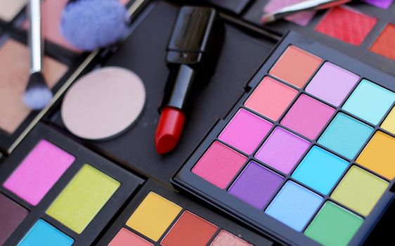 Colorful Cosmetic Pigment Palettes and Various Cosmetics