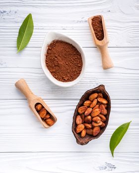 Cocoa powder and cacao beans on wooden background. Dark chocolate pieces crushed and aromatic herbs .