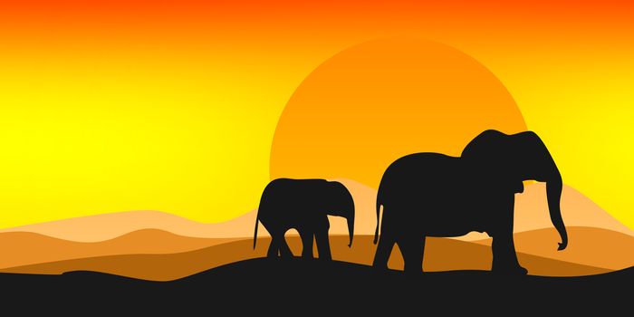 Black silhouette of elephant with bright sun, 3D rendering