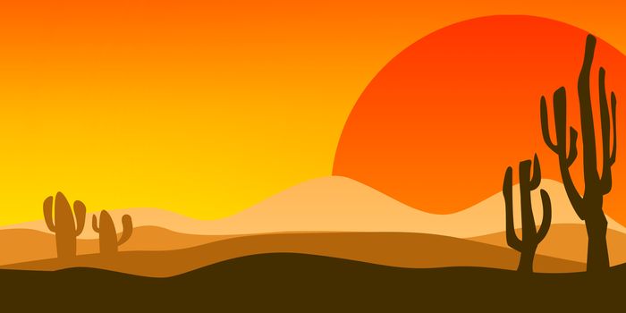 Desert landscape at sunset with cactus, 3D rendering