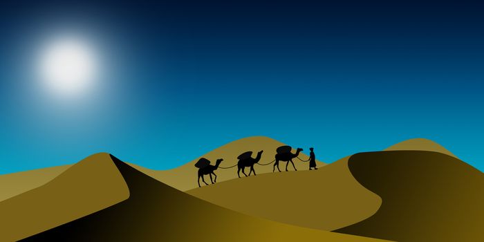 Camel caravan silhouette against sunset on the desert, 3D rendering