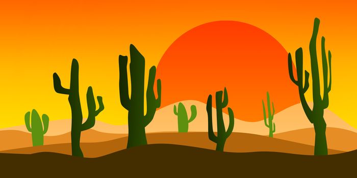 Desert landscape at sunset with cactus, 3D rendering