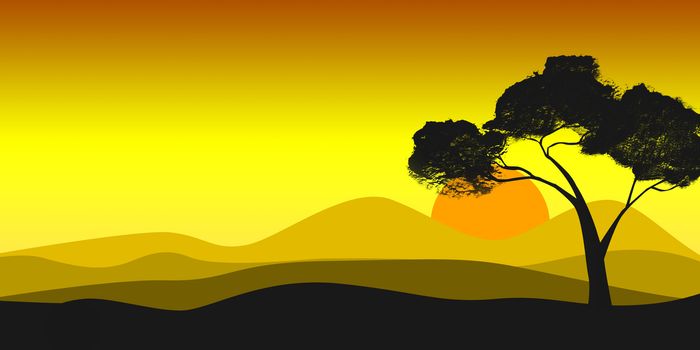 Evening sun with isolated silhouette tree, 3D rendering