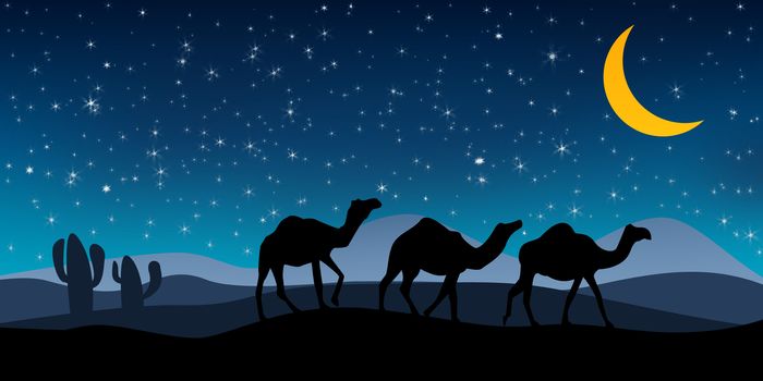 Landscape with camel silhouette at night, 3D rendering