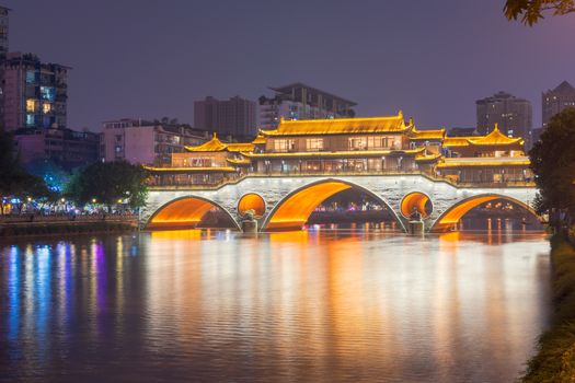 Chengdu Anshun Bridge over the Jin River at night, Sichuan, China