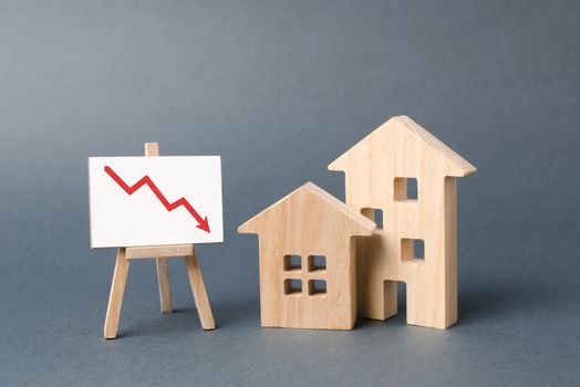 Two wooden houses and a poster with a symbol of falling value. concept of real estate value decrease. low liquidity and attractiveness of assets. cheapening the rent or cost of buying a home
