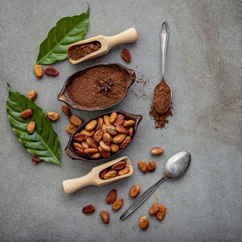 Cocoa powder and cacao beans on concrete background.