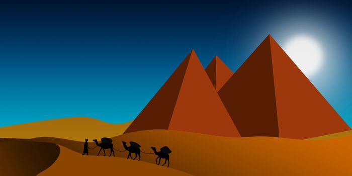 Pyramids with camels walking in the desert, 3D rendering