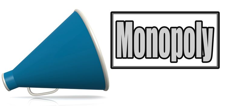 Monopoly word on blue megaphone, 3D rendering