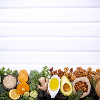 Ingredients for the healthy foods selection on white background. Balanced healthy ingredients of unsaturated fats and fiber for the heart and blood vessels.