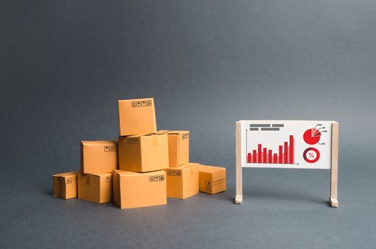 A pile of cardboard boxes and a stand with information and statistical graphs. report on the rate of production and sale of goods, economic growth and an assessment of supply and demand. Business.