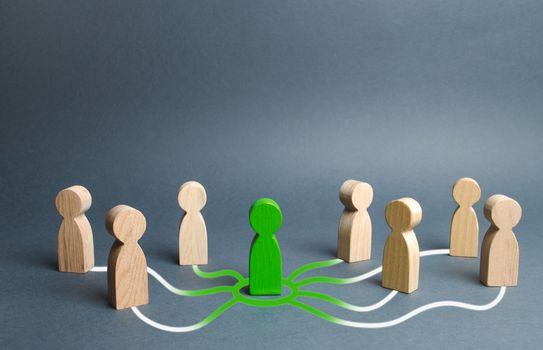 The green figure of a person unites other people around him. Call for cooperation, creating a new team. Leader and leadership, coordination and action, Social connections, communication. Organization