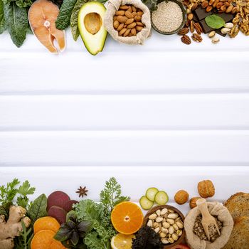 Ingredients for the healthy foods selection on white background. Balanced healthy ingredients of unsaturated fats and fiber for the heart and blood vessels.