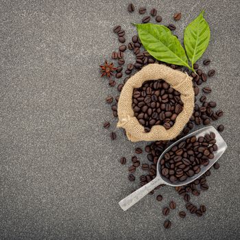 Dark roasted coffee beans on stone background. Top view with copyspace.