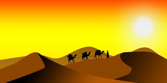 Desert dunes with camels walking in the desert, 3D rendering