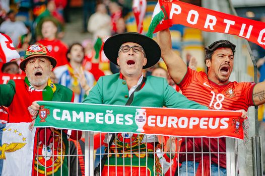 Kyiv, Ukraine - October 14, 2019: Portuguese fan support the team in the stands during the UEFA EURO 2020 qualifying match