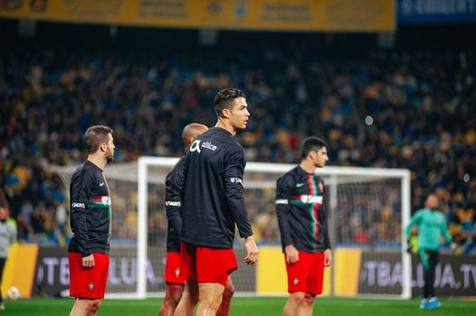 Kyiv, Ukraine - October 14, 2019: Cristiano Ronaldo, captain and forward of Portugal national team during the prematch training at the Olympic Stadium