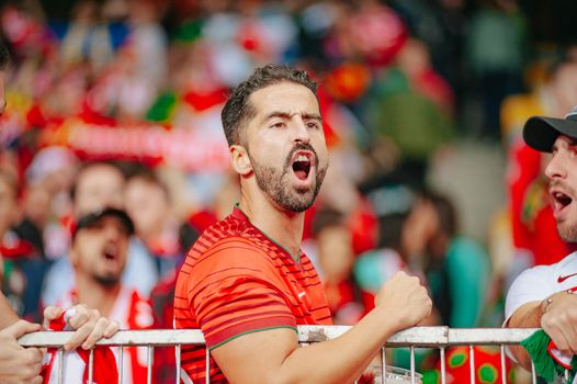 Kyiv, Ukraine - October 14, 2019: Portuguese fan support the team in the stands during the UEFA EURO 2020 qualifying match