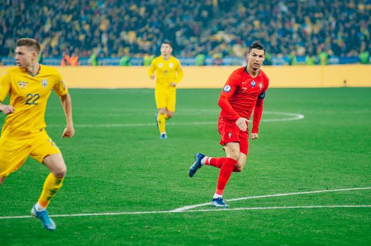 Kyiv, Ukraine - October 14, 2019: Cristiano Ronaldo, captain and forward of Portugal national team during the match of the qualifying EURO 2020 vs Ukraine at the Olympic Stadium