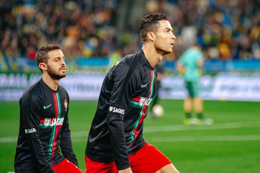 Kyiv, Ukraine - October 14, 2019: Cristiano Ronaldo, captain and forward of Portugal national team during the prematch training at the Olympic Stadium