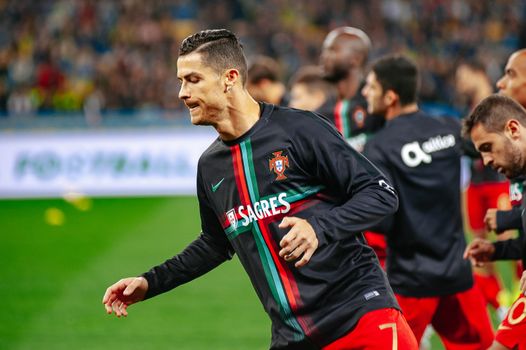 Kyiv, Ukraine - October 14, 2019: Cristiano Ronaldo, captain and forward of Portugal national team during the prematch training at the Olympic Stadium