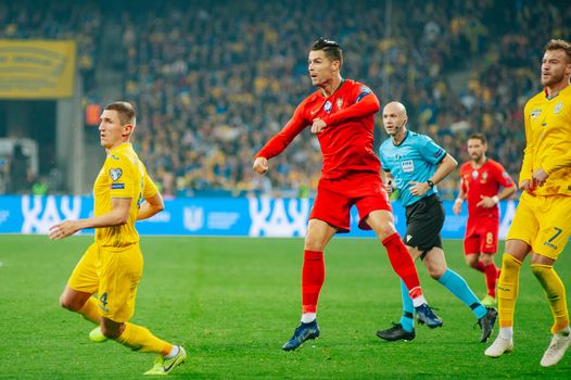 Kyiv, Ukraine - October 14, 2019: Cristiano Ronaldo, captain and forward of Portugal national team during the match of the qualifying EURO 2020 vs Ukraine at the Olympic Stadium