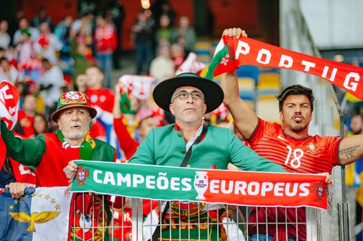 Kyiv, Ukraine - October 14, 2019: Portuguese fan support the team in the stands during the UEFA EURO 2020 qualifying match