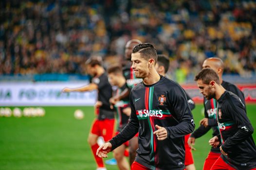 Kyiv, Ukraine - October 14, 2019: Cristiano Ronaldo, captain and forward of Portugal national team during the prematch training at the Olympic Stadium