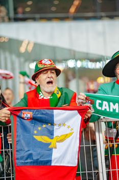 Kyiv, Ukraine - October 14, 2019: Portuguese fan support the team in the stands during the UEFA EURO 2020 qualifying match
