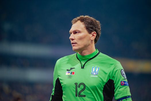 Kyiv, Ukraine - October 14, 2019: Goalkeeper Andriy Pyatov, captain of Ukraine during the match of EURO 2020 vs Portugal at the Olympic Stadium