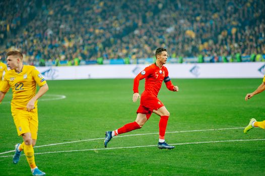 Kyiv, Ukraine - October 14, 2019: Cristiano Ronaldo, captain and forward of Portugal national team during the match of the qualifying EURO 2020 vs Ukraine at the Olympic Stadium