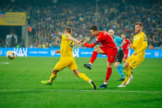 Kyiv, Ukraine - October 14, 2019: Cristiano Ronaldo, captain and forward of Portugal national team during the match of the qualifying EURO 2020 vs Ukraine at the Olympic Stadium