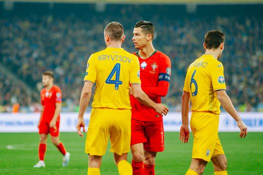 Kyiv, Ukraine - October 14, 2019: Cristiano Ronaldo, captain and forward of Portugal national team during the match of the qualifying EURO 2020 vs Ukraine at the Olympic Stadium