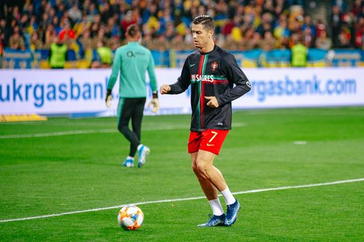 Kyiv, Ukraine - October 14, 2019: Cristiano Ronaldo, captain and forward of Portugal national team during the prematch training at the Olympic Stadium