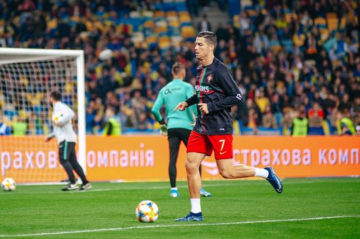 Kyiv, Ukraine - October 14, 2019: Cristiano Ronaldo, captain and forward of Portugal national team during the prematch training at the Olympic Stadium