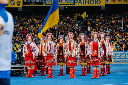 Kyiv, Ukraine - October 14, 2019: Beautiful lady singers of Ukraine national choir before the match of qualify round Euro 2020 Ukraine vs Portugal at the Olympic Stadium