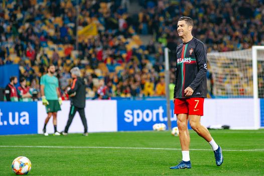 Kyiv, Ukraine - October 14, 2019: Cristiano Ronaldo, captain and forward of Portugal national team during the prematch training at the Olympic Stadium