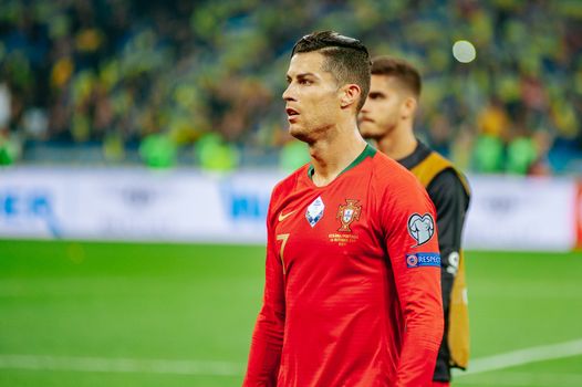 Kyiv, Ukraine - October 14, 2019: Side portrait of Cristiano Ronaldo, captain and forward of Portugal national team after the match vs Ukraine at the Olympic Stadium