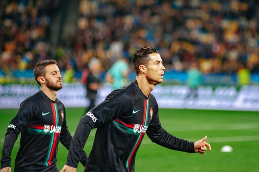 Kyiv, Ukraine - October 14, 2019: Cristiano Ronaldo, captain and forward of Portugal national team during the prematch training at the Olympic Stadium