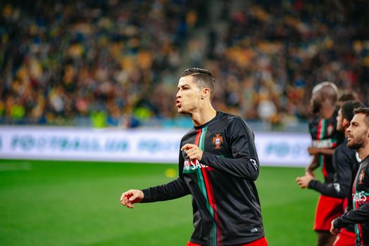 Kyiv, Ukraine - October 14, 2019: Cristiano Ronaldo, captain and forward of Portugal national team during the prematch training at the Olympic Stadium