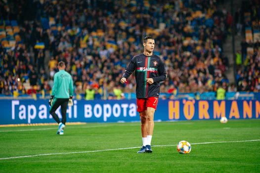 Kyiv, Ukraine - October 14, 2019: Cristiano Ronaldo, captain and forward of Portugal national team during the prematch training at the Olympic Stadium