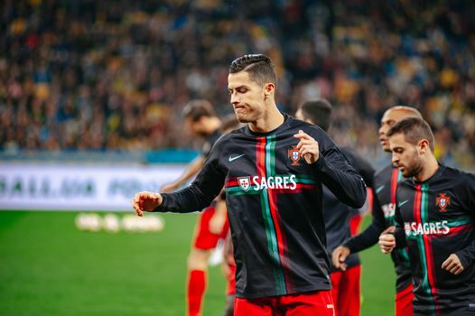 Kyiv, Ukraine - October 14, 2019: Cristiano Ronaldo, captain and forward of Portugal national team during the prematch training at the Olympic Stadium