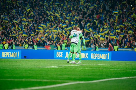 Kyiv, Ukraine - October 14, 2019: Goalkeeper Andriy Pyatov, captain of Ukraine during the match of EURO 2020 vs Portugal at the Olympic Stadium