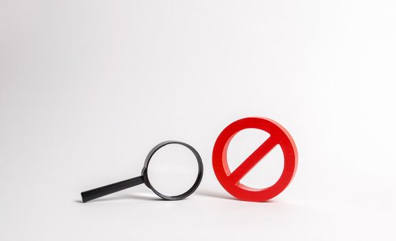 Magnifying glass and symbol NO. search and inability to find. No search results. Find the information you need, bans and secrecy. Freedom of information and speech. Nonexistent places things