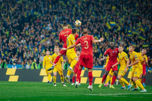 Kyiv, Ukraine - October 14, 2019: Cristiano Ronaldo, captain and forward of Portugal national team during the match of the qualifying EURO 2020 vs Ukraine at the Olympic Stadium