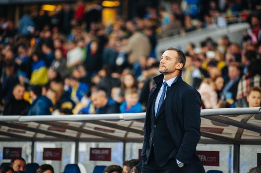 Kyiv, Ukraine - October 14, 2019: Andriy Shevchenko, head coach (manager) of Ukraine national football team before match of the qualifying EURO 2020 vs Portugal at the Olympic Stadium