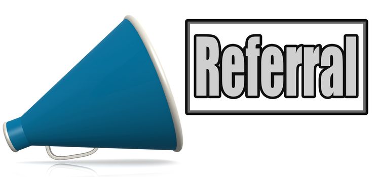 Referral word on blue megaphone, 3D rendering