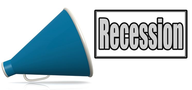 Recession word on blue megaphone, 3D rendering